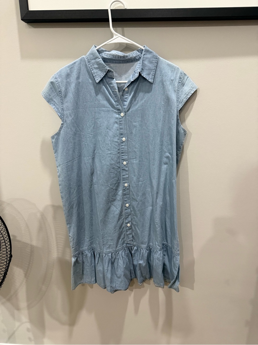 Light Blue Denim Mini Shirt Dress with Ruffle Hem